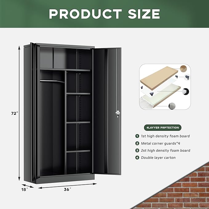 Greenvelly Metal Wardrobe Cabinet with Locking Doors, 72"H Black Metal Wardrobe Closet with Hanging Rods and Adjustable Shelves, Clothing Storage Closet for Home, Office, Employee, Gym (18" D x 36” W)-DeskLoop Office