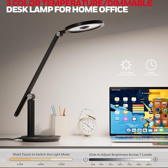 Honeywell Desk Lamp for Home Office, H6 Sunturalux™ Eye-Caring Led Desk Light, 800LM Dimmable Desk Lamp with Timer, Touch Control Tall Desk Reading Light, Table Lamp for Circle Webcam, Study, Bedroom-DeskLoop Office