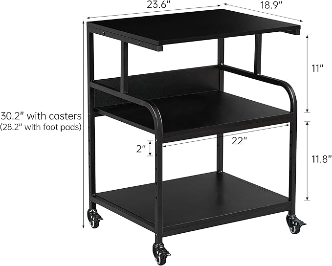 Printer Stand, 23.6 x18.9 x 30 Inches Large Printer Table with Adjustable Storage Shelf, 3 Tier Rolling Printer Cart with Wheels for Home Office, Stand for Heat Press Mini Fridge, Black-DeskLoop Office