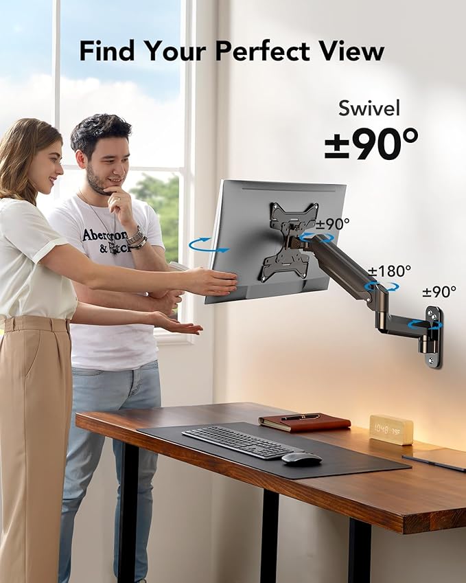 HUANUO Computer Monitor Wall Mount for 22 to 35 inch Flat Curved Screens, Single Wall Mount Monitor Arm Holds up to 26.4lbs, Height Adjustable Full Motion Gas Springcore Vesa Mount, Max 200x200mm-DeskLoop Office