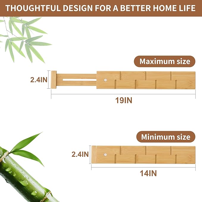 FILWH Bamboo Drawer Dividers with Inserts kitchen drawer organizer Adjustable Expandable 8 Pack Organizer Set for Kitchen Bedroom Bathroom Office 8 Dividers with 16 Inserts (Natural, Small (14-19IN))-DeskLoop Office