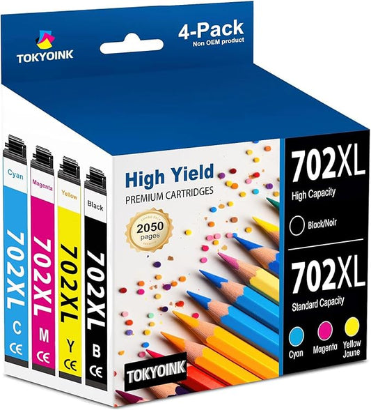 TOKYOINK 702XL Ink Cartridges Combo Pack Remanufactured Replacement for 702 Ink Cartridge 702 XL T702XL for Pro WF-3720 WF-3730 WF-3733 Printer Ink (Black, Cyan, Magenta, Yellow 4 Pack)-DeskLoop Office
