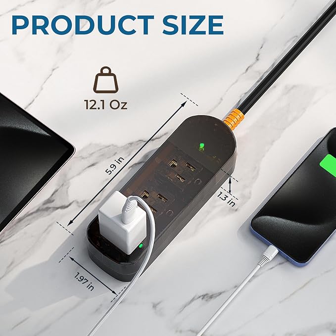 Power Strip Weatherproof, Transparent Surge Protector with 3 Wide Outlets, 1625W/13A,5FT Flat Plug Multi-Plug Outdoor Extension Cord for Indoor Outdoor, UL FCC Listed-DeskLoop Office