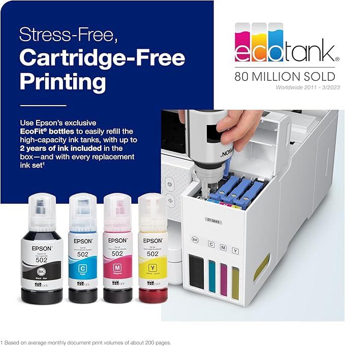 Epson EcoTank ET-3843 Wireless Color All-in-One Cartridge-Free Supertank Printer with Scanner, Copier, ADF and Ethernet-for The Ultimate Home Office, White-DeskLoop Office