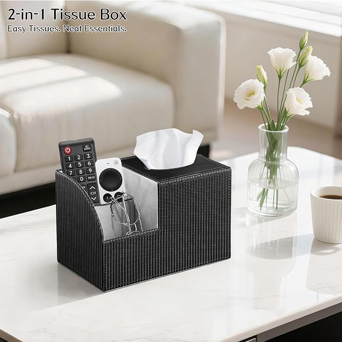 Tissue Box Cover Square with Storage, PU Leather Cube Tissue Box Holder - Image 2