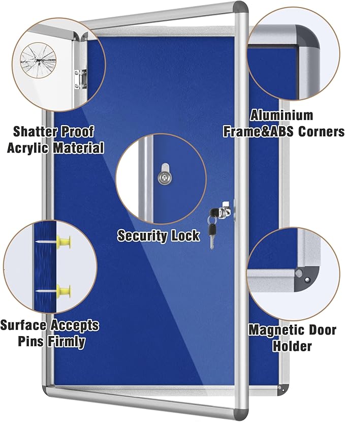 36"x24" Enclosed Bulletin Board, Lockable Weather-Resistant Aluminum Cork Noticeboard for School & Office, Silver Frame w/Blue Flet-DeskLoop Office