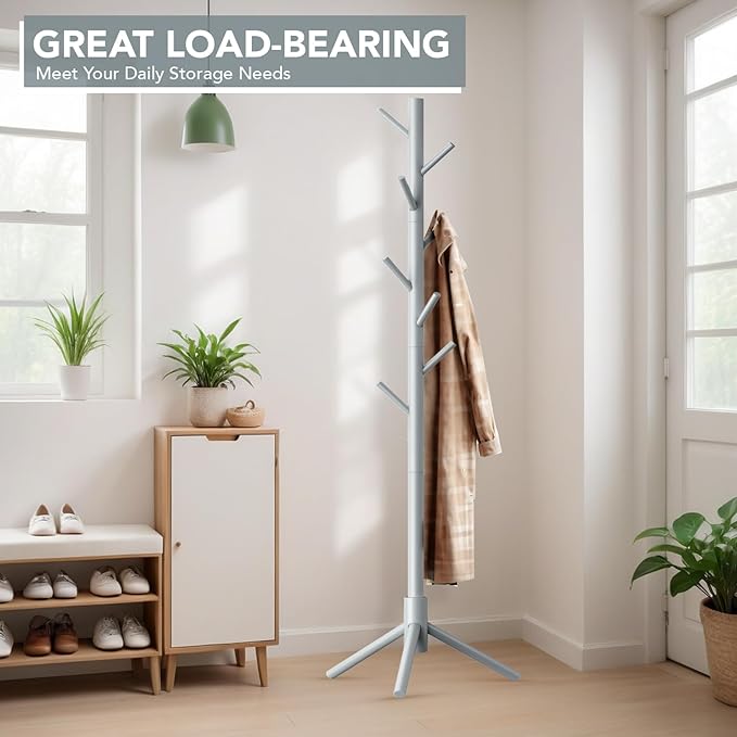 Wooden Tree Coat Rack Stand,Sturdy Freestanding Coat Rack with 8 Hooks,3 Adjustable Height for Child Adult,Wood Coat Stand Tree Fits Entryway Bedroom Office for Bags,Hats-DeskLoop Office