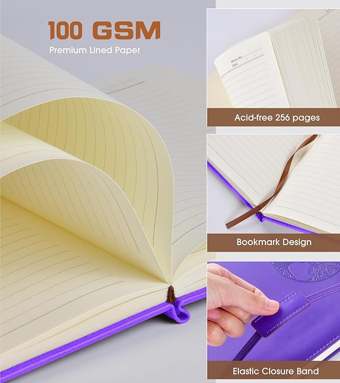 Lined Journal Notebook for Women Men,256 Pages A4 Large Hardcover Leather Journals for Writing,Travel,Business,Work,School,College Ruled Notebooks for Note Taking,Diary Notepad 8.6"×11"(Purple)-DeskLoop Office