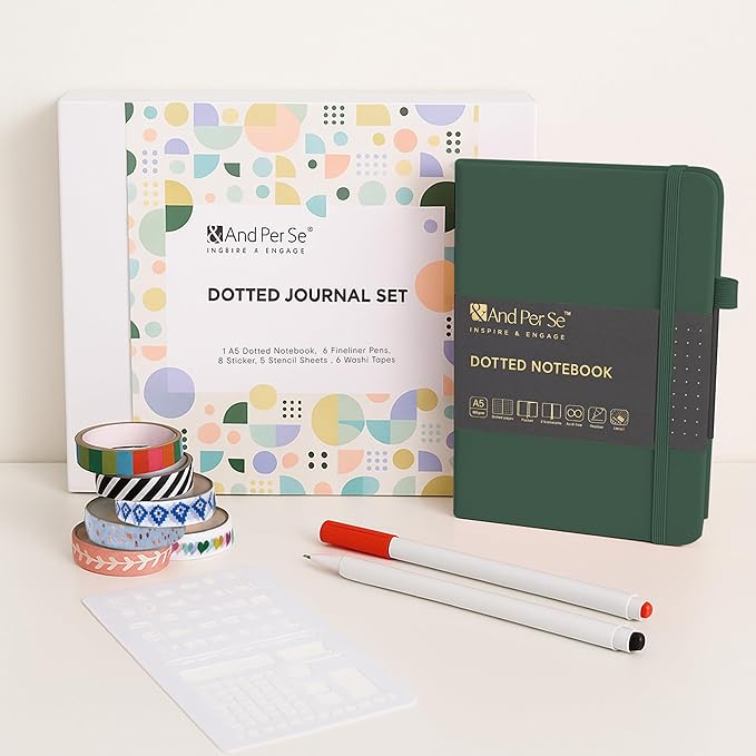 &And Per Se Dotted Journal Notebook Set, A5 Hardcover Dotted Journal (Green), 6 Fineliner Pens, 8 Sticker, 5 Stencil Sheets & 6 Washi Tapes, Journaling Supplies for Planner Schedule-DeskLoop Office