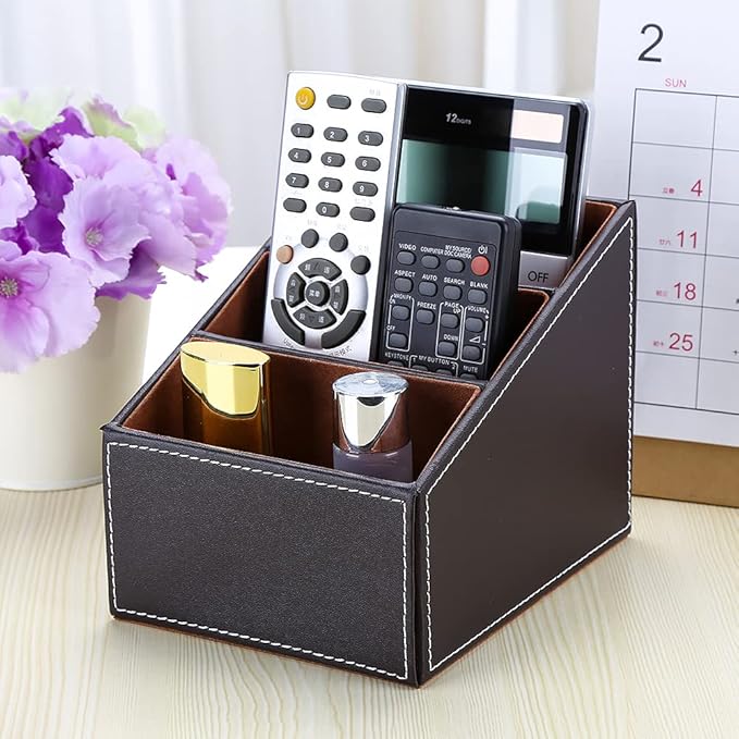 KINGFOM Remote Control Holder with 3 Compartments, Pu Leather Remote Caddy Desktop Organizer for TV, CD, Blu-Ray, Media Player, Heater Controllers and Cosmetics Office Supplies(Brown)-DeskLoop Office