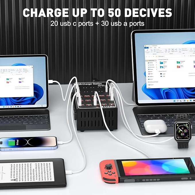 250W Desktop Charging Station, 30 USB A + 20 USB C, Multi Port Charging Station for Phones, Tablets, Watches, and More [Lcoco&Dream]-DeskLoop Office