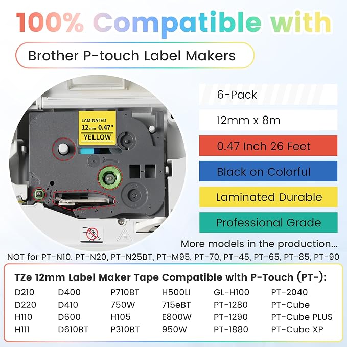 6X Compatible with Brother Label Maker Tape 12mm 0.47 Multi Color Laminated | - Image 2