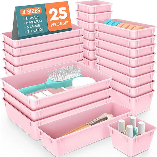 WOWBOX 25 PCS Plastic Drawer Organizer Set, 4 Sizes Desk Drawer Divider Organizers and Storage Bins for Makeup, Jewelry, Gadgets for Kitchen, Bedroom, Bathroom, Office, Pink-DeskLoop Office