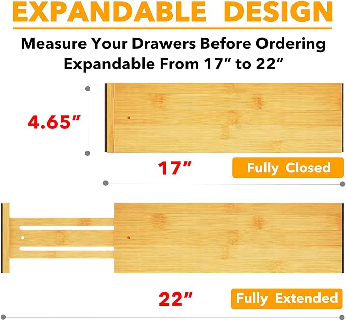SpaceAid Bamboo 4 Pack Dresser Drawer Dividers, 4.65“ High Adjustable 17“-22” - Image 3
