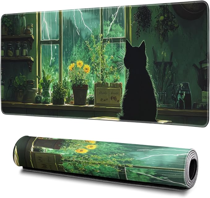 Green Black Cat Mouse Pad Abstract Green Mouse Pad 31.5x11.8 Inch Cat Texture by Hahaluo
