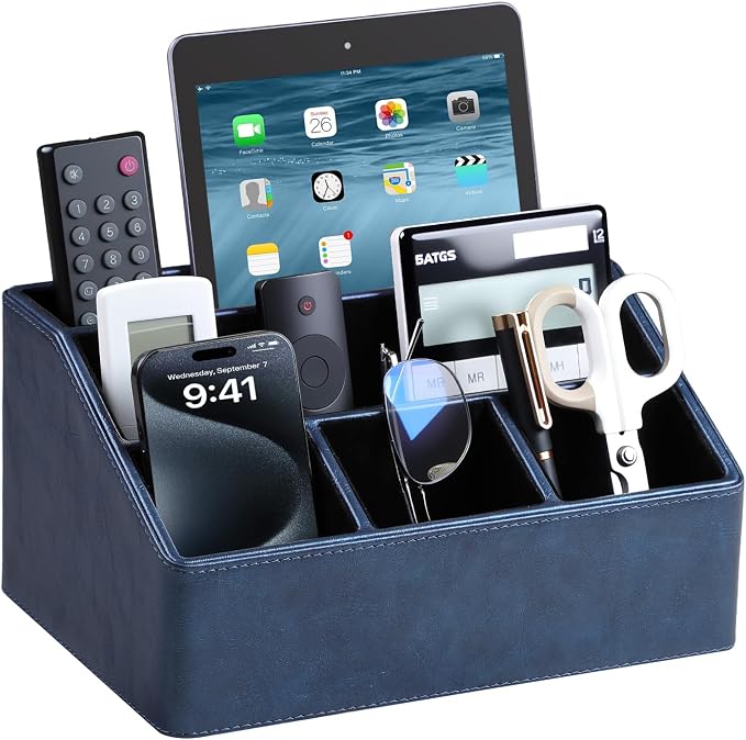 PU Leather Desk Organizer, Luxury Remote Control Holder by MEIBOOCH