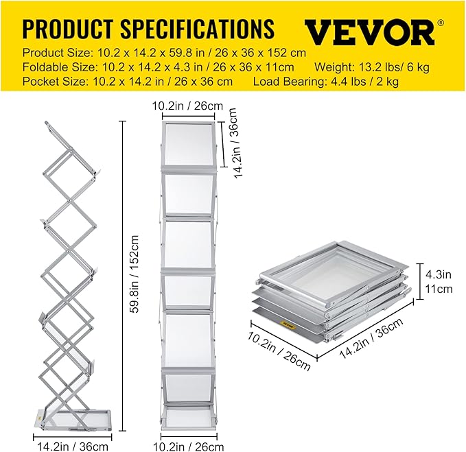 VEVOR Literature Rack, 6 Pockets, Pop up Aluminum Magazine Rack, Lightweight Catalog Holder Stand w/Carrying Bag for Living Room, Hotel, Trade Show, Exhibition, Office-DeskLoop Office