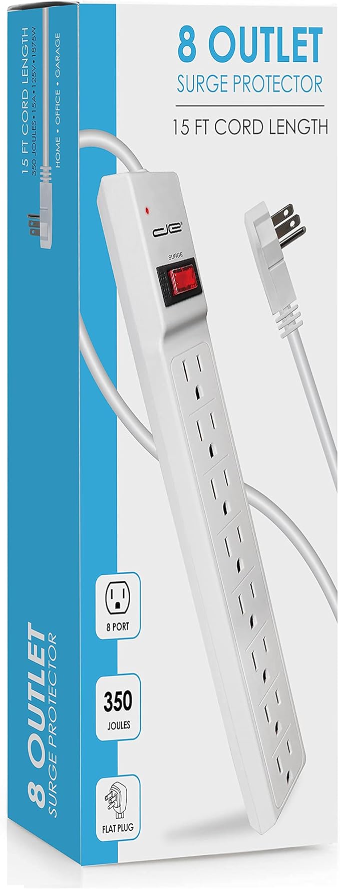 Digital Energy 15 FT 8 Outlet Surge Protector Power Strip - 15 AMP, 1875 W, 125 V, 350 J Surge Protection, ETL Listed - Flat Plug, White-DeskLoop Office