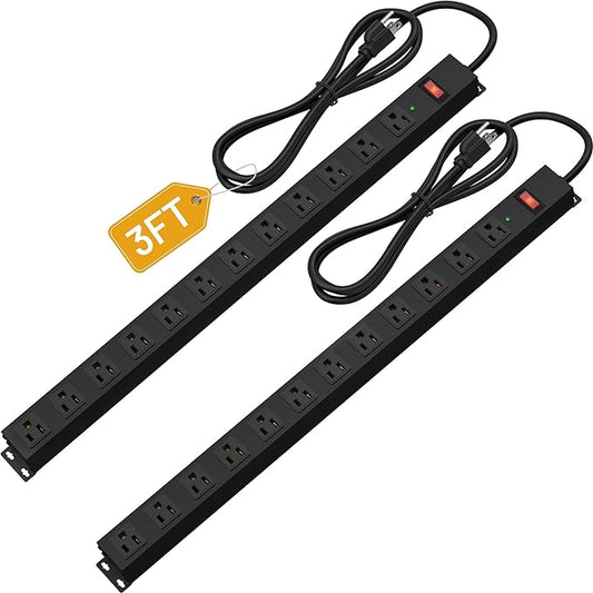 12 Outlet Long Power Strip Surge Protector with 2100 Joules, 3FT Power Cord, Wide Spaced Outlet Power Bar, Overload Protection Switch, Industrial Heavy Duty for Work Bench, Shop, Garage (Black),2 Pack-DeskLoop Office