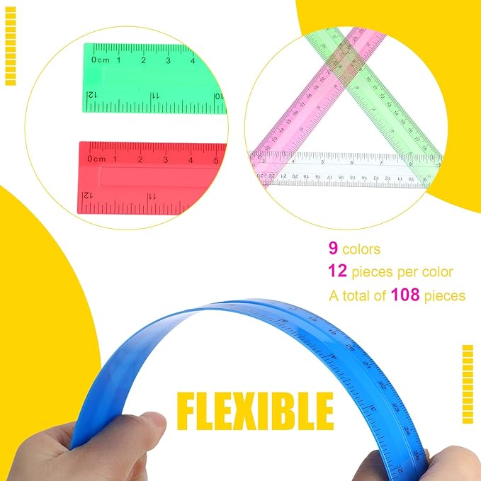 Panelee 108 Packs 12 Inch Plastic Ruler - Color Transparent, Assorted Colors, Metric Clear With Inches and Centimeters for Kids, School, Home, Classroom, Office - Back to School Gifts Supplies-DeskLoop Office