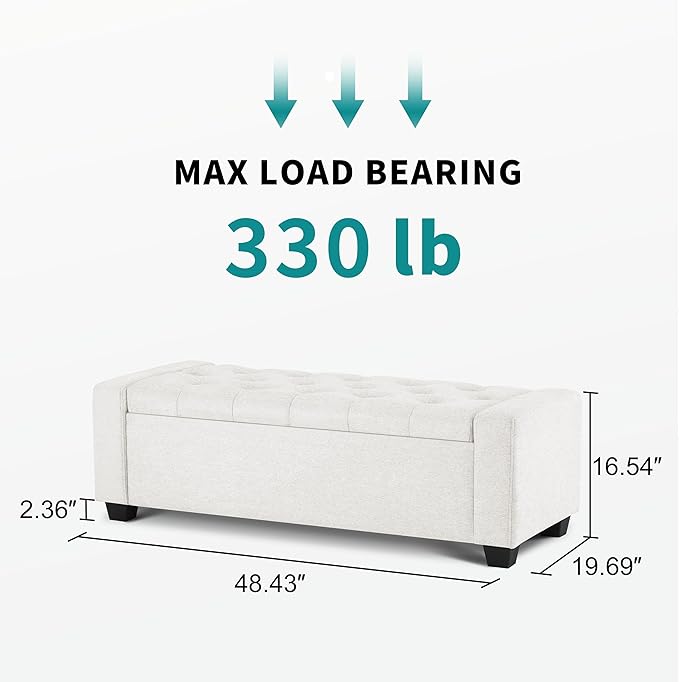 48" Ottoman with Storage, White Storage Ottoman Bench with Safety Hinge, Upholstered Entryway Bench with Seating for Bedroom, Living Room, Holds up to 330 lb-DeskLoop Office
