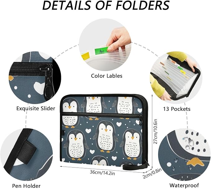 Expanding File Folder Cute Penguin Blue Accordion File Organizer 13 Pockets - Image 4