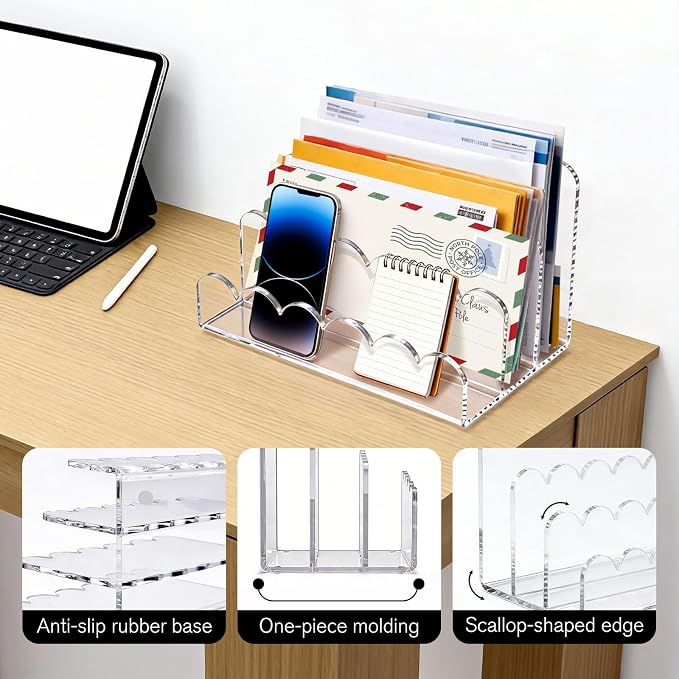 3 Compartments Acrylic Mail Organizer, Vertical File Sorter & Scalloped Desk - Image 2