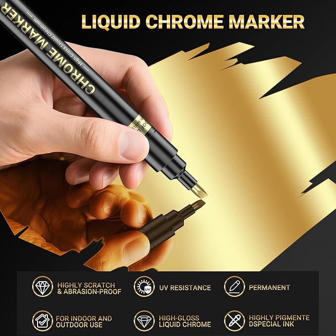 3Pcs Gold Liquid Mirror Chrome Markers, Permanent Reflective Metallic Gold Paint Pen, High Gloss Car DIY Model Painting, Touch Up Repair Kit for Plastic Metal Glass Fabric Ceremic Resins-DeskLoop Office