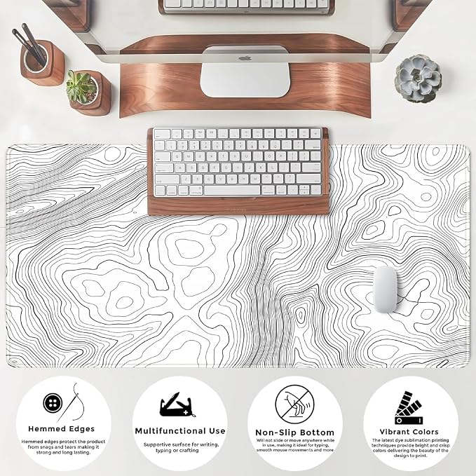 Mechanical Cattle Desk Mat Large Gaming White Mouse Pad Minimalist Topographic - Image 5