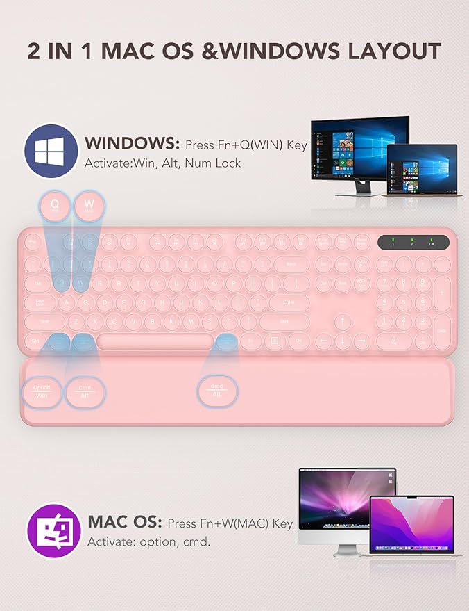 Wireless Keyboard and Mouse Backlit - Typewriter Keyboard with Retro Round Keycaps, Detachable Wrist Rest, Light Up Letters, 2.4G Rechargeable Combo for Mac, Windows, PC, Laptop, Trueque (Pink)-DeskLoop Office