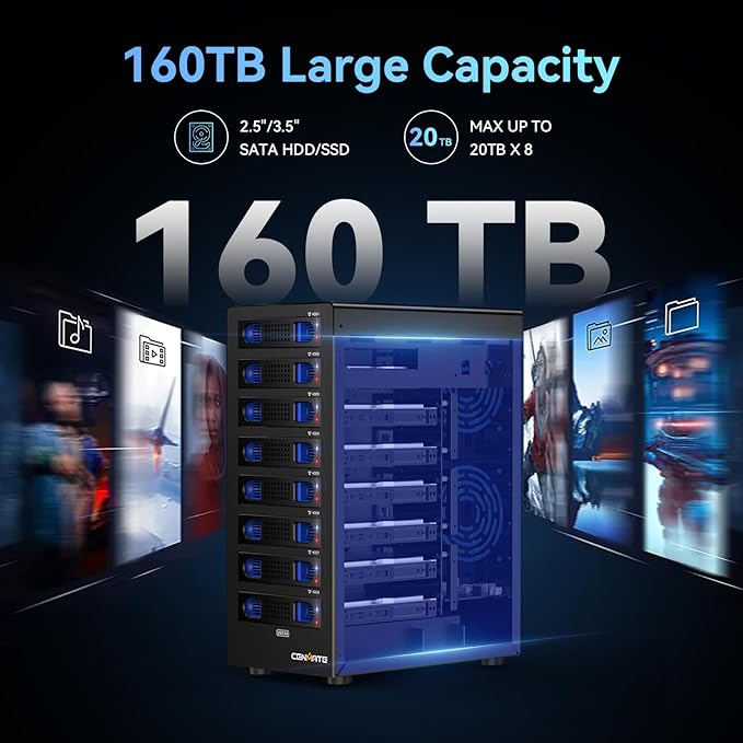 8 Bay Hard Drive Enclosure with Cooling Fan for 2.5/3.5" SATA HDD/SSD with USB A/C 3.0 Cable, 3.5 Hard Drive Enclosure Supports 160TB Capacity, Tool-Free HDD Enclosure, DAS(NO RAID/NAS)-DeskLoop Office