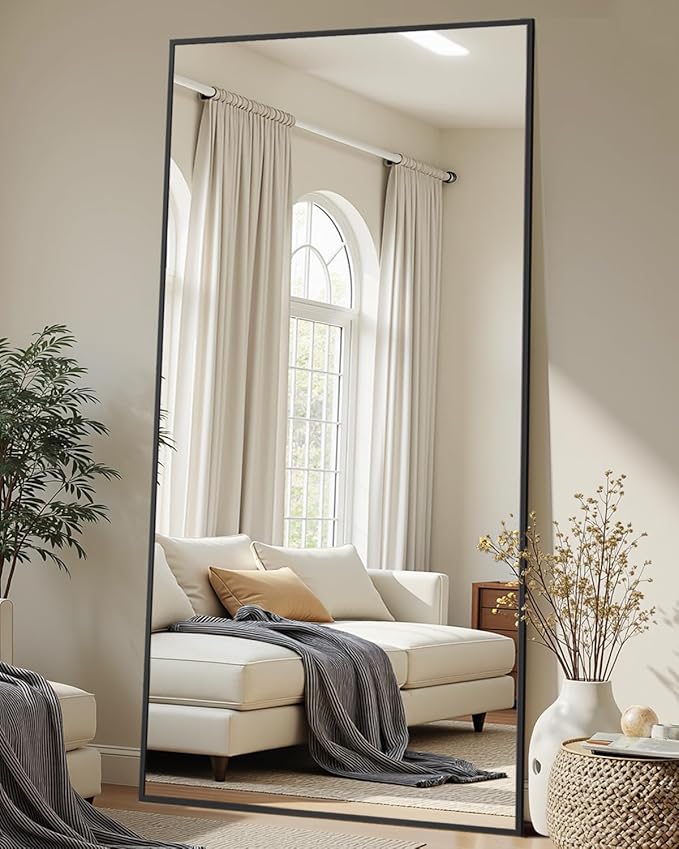 Full-Length Floor Mirror with Stand, 71"x32" Rectangle Style Full Body Standing Mirror for Bedroom, Living Room, Gym, Dorm - Shatter-Resistant & Easy Assembly, Black-DeskLoop Office