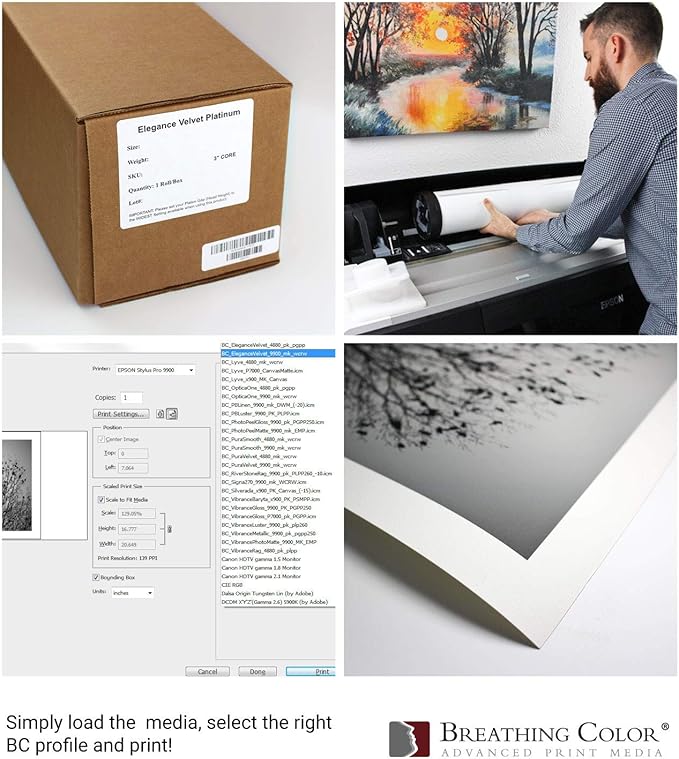 Elegance Velvet 17 in x 40 ft roll is a Premium Matte 310 gsm, Cold Pressed Bright White Museum Grade Fine Art Inkjet Paper, Compatible with Most Dye-Based and Pigment Printers