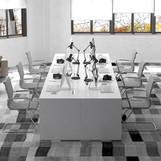 Office Desk Chair No Wheels Set of 4 PU Leather Computer Chairs Mid Back Guest Chairs for School Reception Conference Waiting Room, Grey-DeskLoop Office