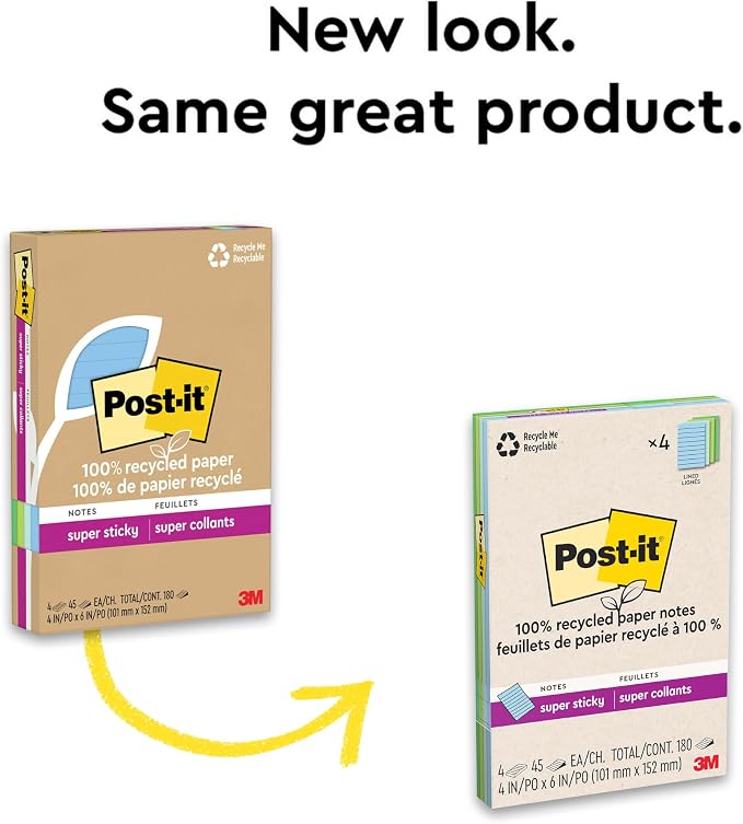 Post-it 100% Recycled Super Sticky Notes, 3 x 3 in, 6 Lined Pads | School - Image 9