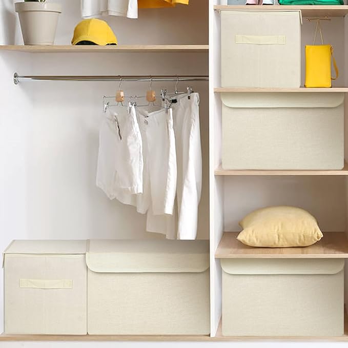 Large 42 Quarts Collapsible Stackable Storage Bins Cube with Lids [3-Pack] Foldable Fabric Linen Storage Boxes, Closet Organizer Baskets with Label for Home (16.7 x 12 x 12", Beige)-DeskLoop Office