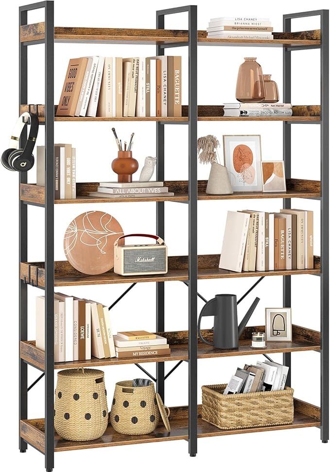Seventable Bookshelf 6 Tier with 4 Hooks, 67” Industrial Wooden Bookcase, Vintage Storage Rack with Open Shelves, Rustic Standing Bookshelves Metal Frame 43.3” Wide Display Rack, Rustic Brown-DeskLoop Office