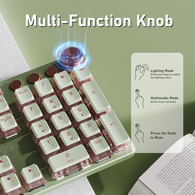 EWEADN V20 Wired Mechanical Keyboard, 104 Keys Backlit LED Keyboards, Media Control Knob, Wired Computer Keyboard Pink Switch for Windows/Mac/PC-Matcha Green-DeskLoop Office