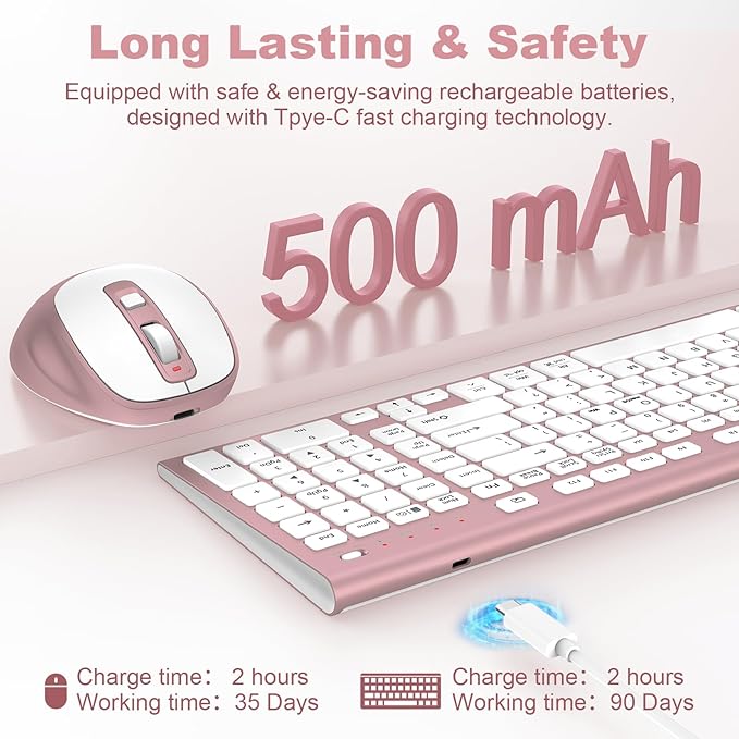 FENIFOX Wireless Keyboard and Mouse, Ergonomic Rechargeable Silent Quiet Slim Compact Full-Size USB C with Number Pad Flat Soft Cover for PC Computer Laptop Mac MacBook iMac Windows - Pink Rose Gold-DeskLoop Office