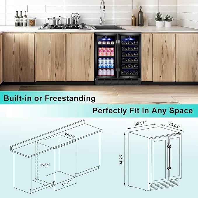 30'' Wine and Beverage Refrigerator, Upgrade Dual Zone Wine Cooler, 30 Inch Wine beverage Fridge Built in or Freestanding Under Counter Large Capacity Glass Door Advanced Cooling System,Black-DeskLoop Office