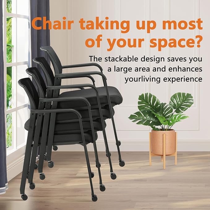CLATINA Black Waiting Room Chair with Wheels Mesh Back Stacking Arm Chairs with Upholstered Fabric Seat and Ergonomic Lumbar Support for Office School Church Guest Reception-DeskLoop Office