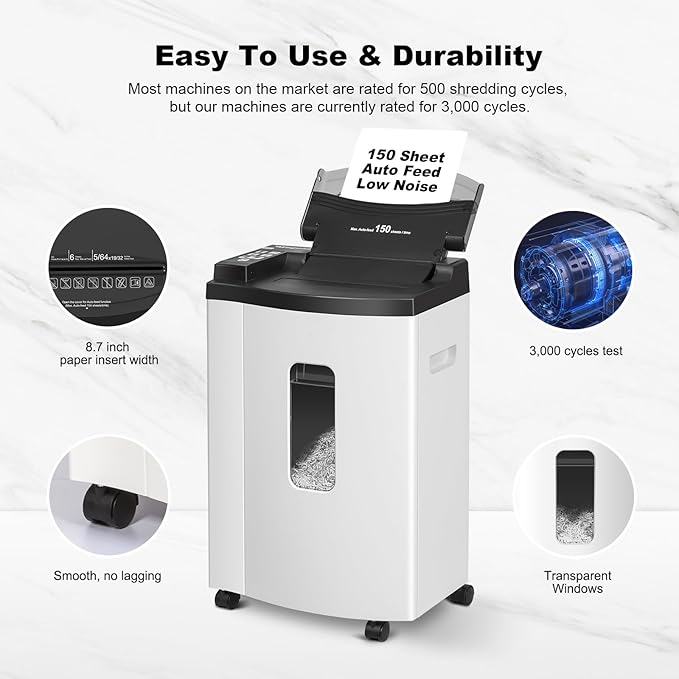 150 Sheet Auto-Feed Paper Shredder, Micro Cut P-5 Super High Security (5/64 x 19/32 inches), Large 6-Gallon Bin, 20 Mins Continuous Run, 55dB Ultra-Quiet for Home Office Use, White-DeskLoop Office