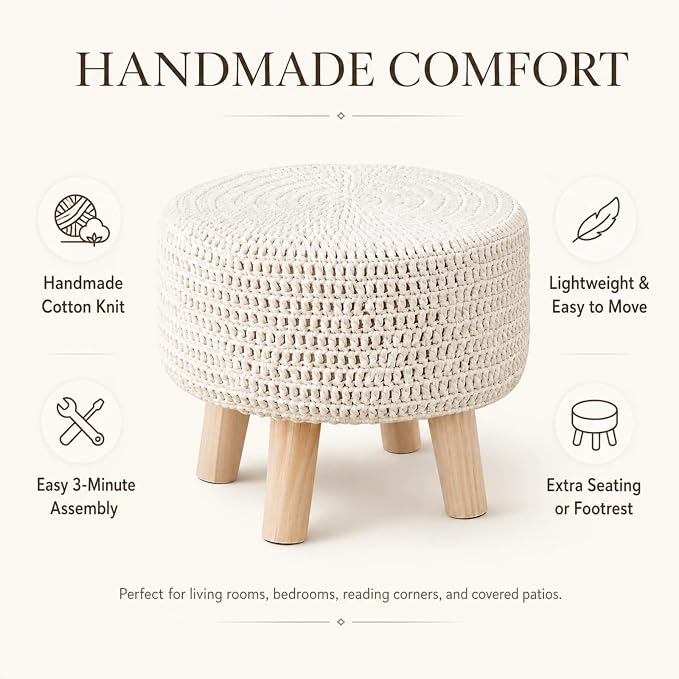 Wimarsbon Pouf Ottoman, 100% Cotton Knitted Boho Footstool, Round Footrest - Image 8