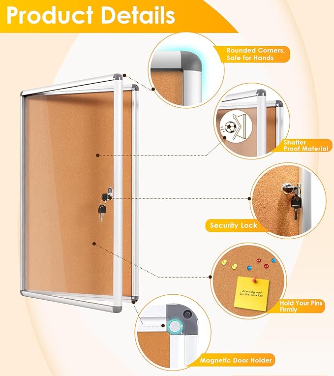 SWANCROWN Lockable Noticeboard Wall-Mounted Bulletin Pin Cork Boards Message Board with Aluminium Frame 28x14 inch-DeskLoop Office