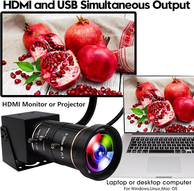 ELP 4K USB HDMI USB Camera Manual Zoom Webcam Variable Focus PC Camera Mini Close-up Camera for Computer H.264 Telescope USB Security Camera 8mp IMX415 Industrial CCTV Camera (5-50mm 10X Zoom Lens)