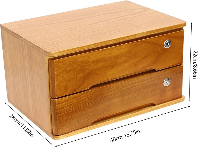 Lockable Desk Organizer Wooden Desktop Drawers Office Flat Files Storage Box - Image 3
