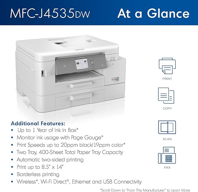 Brother MFC-J4535DW INKvestment -Tank All-in-One Color Inkjet Printer with NFC, Duplex and Wireless Printing Plus Up to 1-Year of Ink in-Box, White-DeskLoop Office