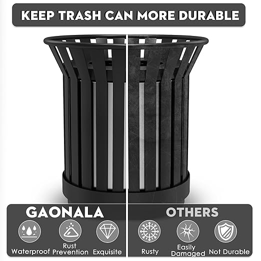 27.6IN Round Large Outdoor Trash Can, Heavy Duty Metal Slatted Garbage Can Outdoor, All Weather Resistant Commercial Garbage Cans, Waste Receptacle in Park, School, Beach, Patio Black-DeskLoop Office