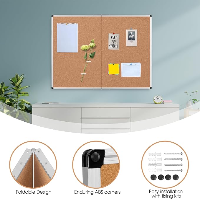 Board2by Cork Board Bulletin Board 36 x 48, Silver Aluminium Framed 4x3 Corkboard, Foldable Office Board for Wall, Large Wall Mounted Notice Pin Board with 36 Push Pins for School, Home & Office-DeskLoop Office