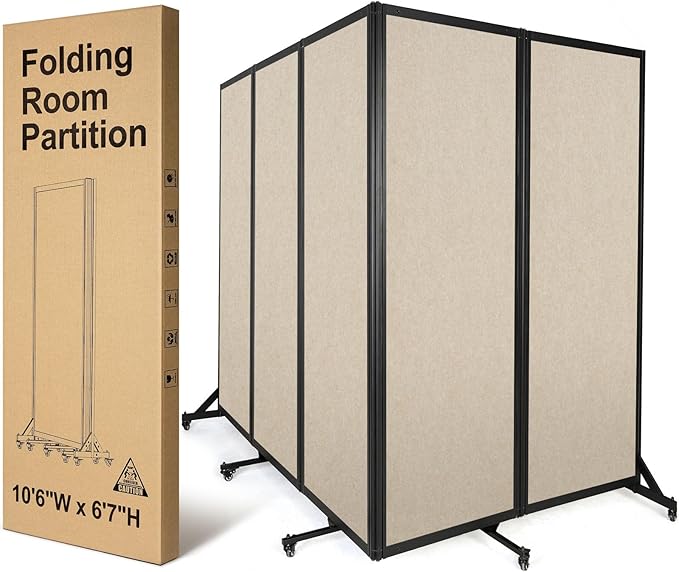 Room Partition,Folding Privacy Divider,Office Partition Dividers,Office Dividers Wall, 10'6"W x 6'7"H,Beige-DeskLoop Office